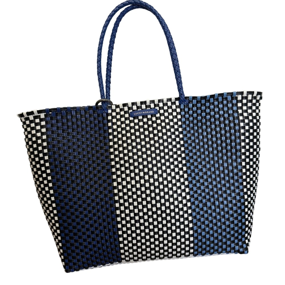 Lucky‎ Brand Woven Tote Bag Blue Black White Large Beach